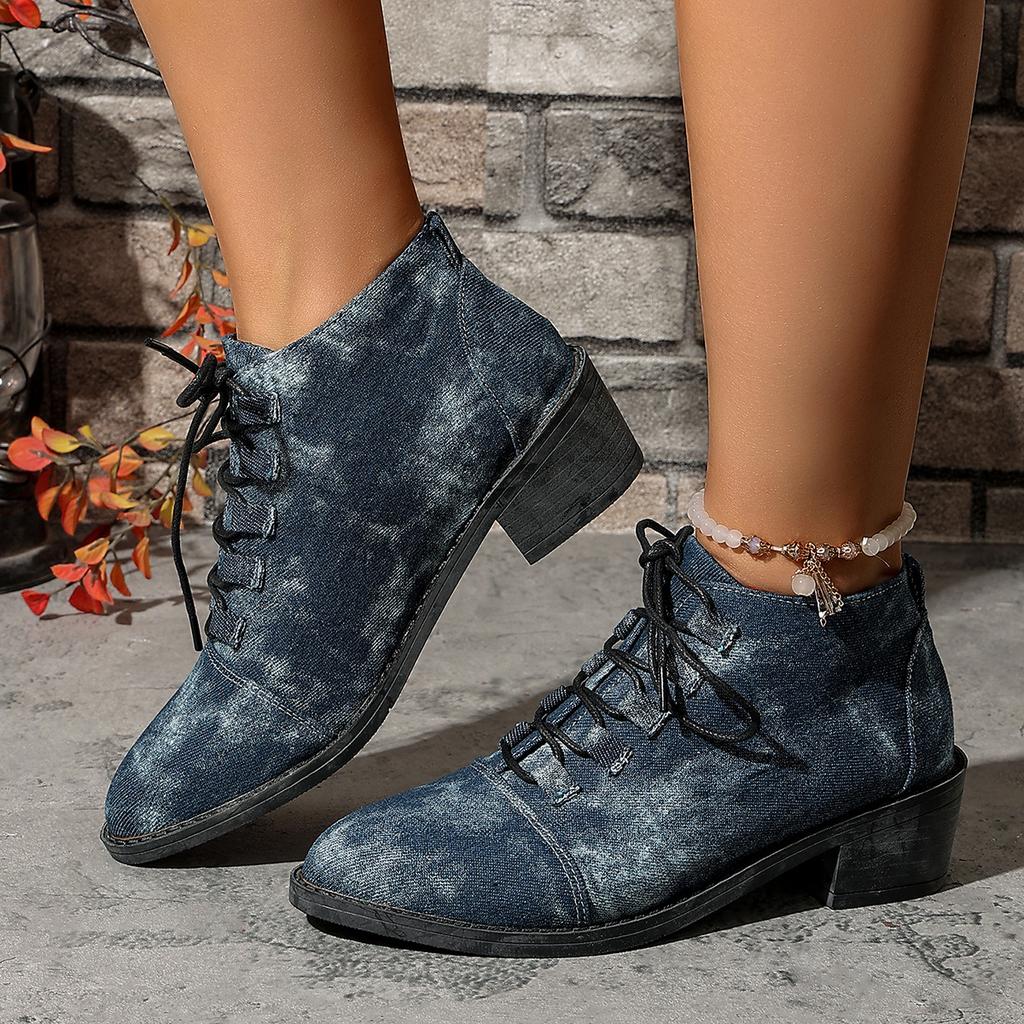 Fashion 2025 autumn lace-up mid-heel ankle boots for women, plus-size export denim British-style pointed-toe shoes