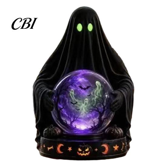 Halloween Table Decor LED Lighted Faux Crystal Ball Decoration, Resin Witch/Skeleton/Cat/Ghost Figurine with Unique Gift for Friends Green/Purple