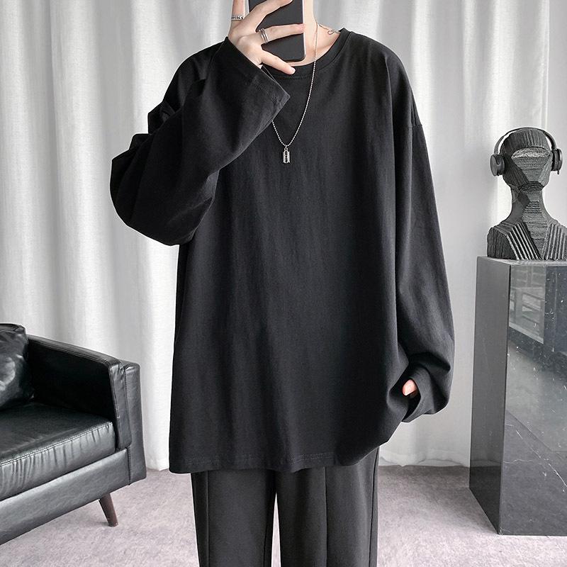 Men's Long-Sleeve White T-Shirt: Trendy Hong Kong Style, Korean Version, Casual Loose Fit, All-Match Solid Color for Spring & Autumn