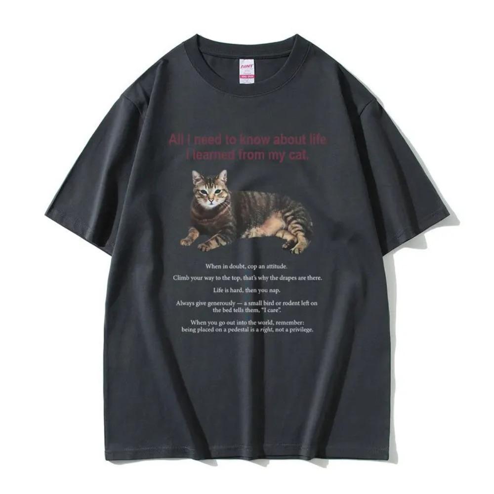 Oversized Red Short-Sleeve T-Shirt Featuring "All I Need to Know About Life I Learned From My Cat" Tabby Cat Life Philosophy Meme Graphic Print