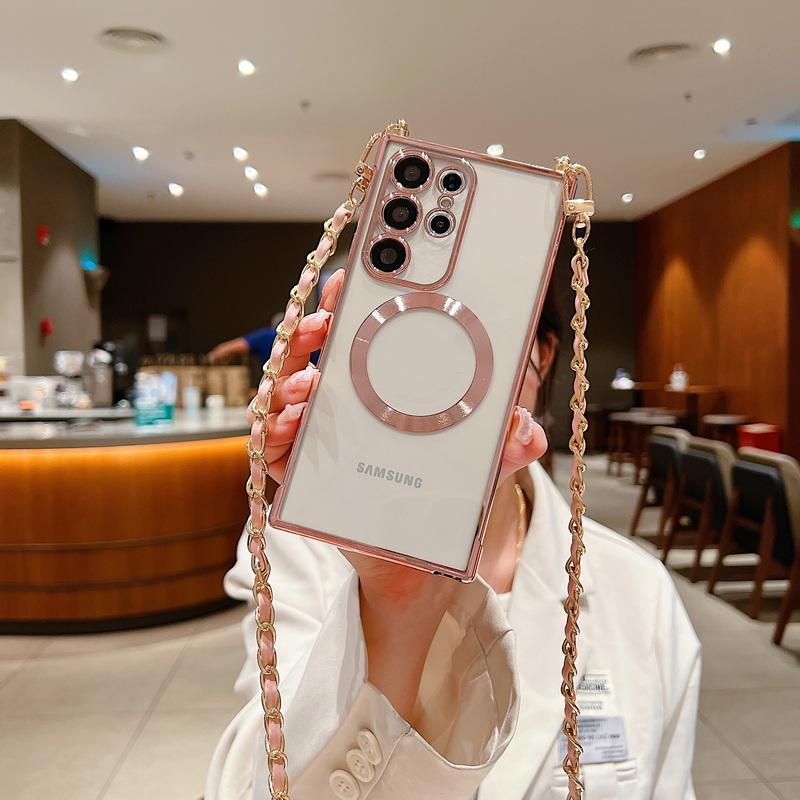 Crossbody Lanyard mäkké magnetické pokovovanie TPU nárazuvzdorné priehľadné puzdro na telefón pre Samsung S24 S23 S22 Ultra Plus S21 S20FE