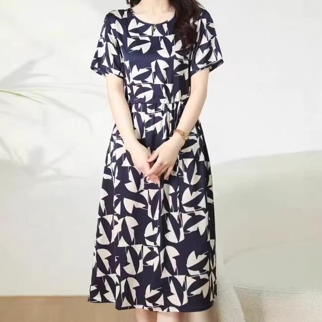 

Summer Floral Print Mid-Length Waist-Cinching Dress - Elegant Short-Sleeved Style for Mothers XL (90-115 lbs) темно-синий