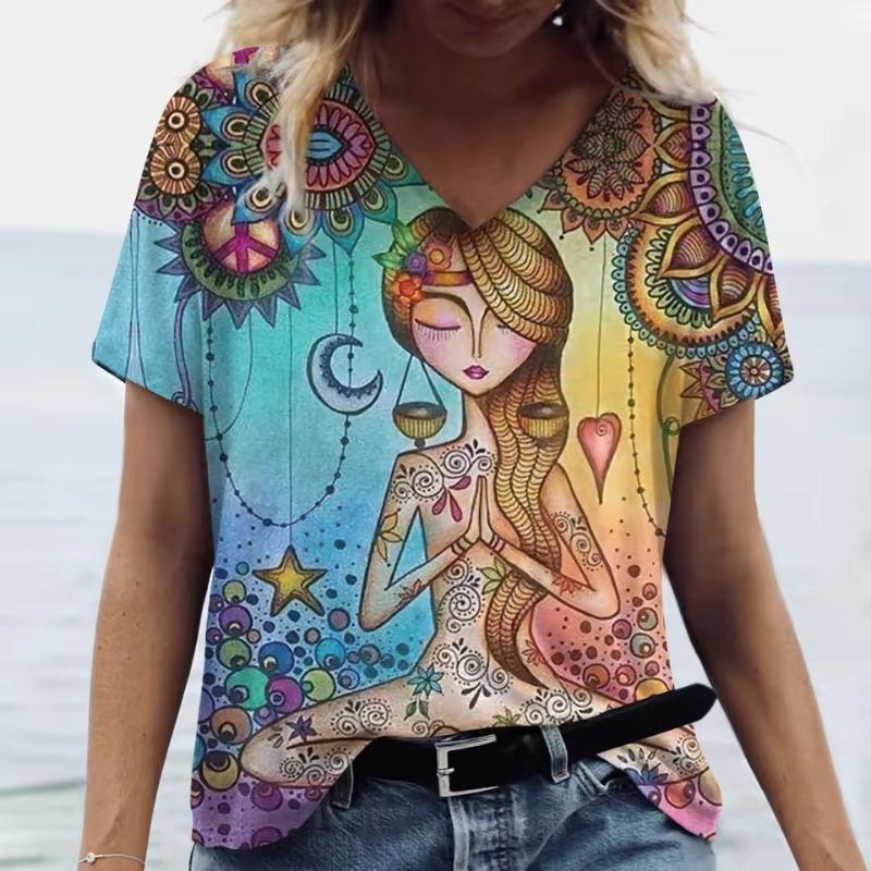 Summer Cartoon T Shirt Women Gilr Graphic 3D Print V-Neck Short Sleeve Pullover Outdoor Casual Y2k Clothing Female T-Shirts