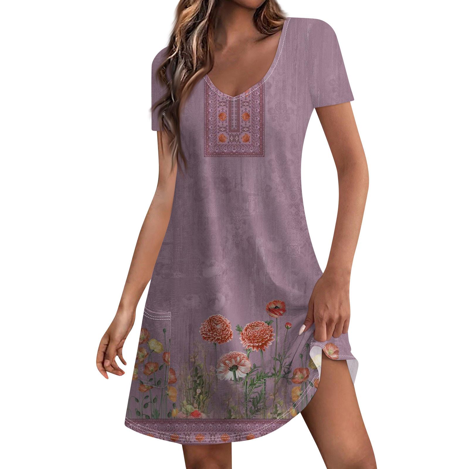 

Жіночі модні повсякденні сукні з принтом і кишенями в богемному стилі з V-подібним вирізом і короткими рукавами XL фіолетовий
