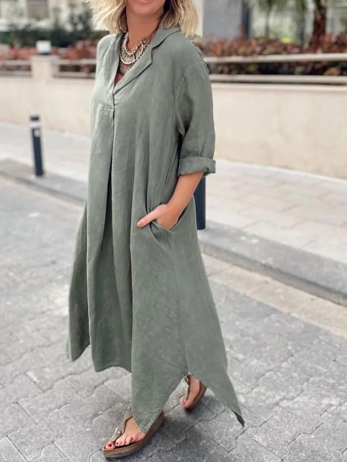 2023 European/American Style Long-Sleeve Cotton Linen Lapel Shirt Dress with Pockets