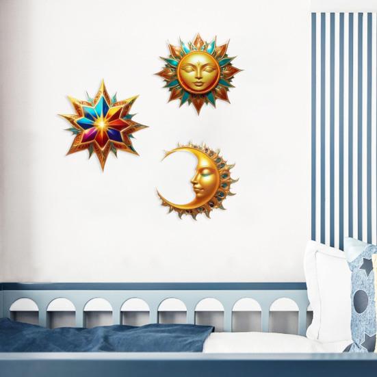 3Pcs Sun Moon Star Wall Decorations Waterproof Bohemian Sun Moon Star Wooden Wall Art Set Outdoor Indoor Hanging Decor Retro Style Garden Patio
