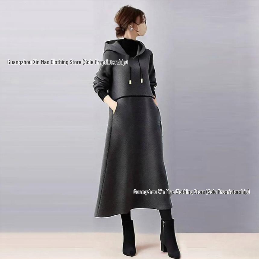 

Japanese Style Versatile Hooded Patchwork Mid-length Dress - New & High-Quality Large темно-сірий