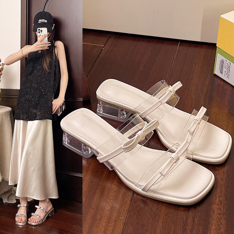 

2025 summer new fashion thick heel bow transparent high heels daily leisure 40