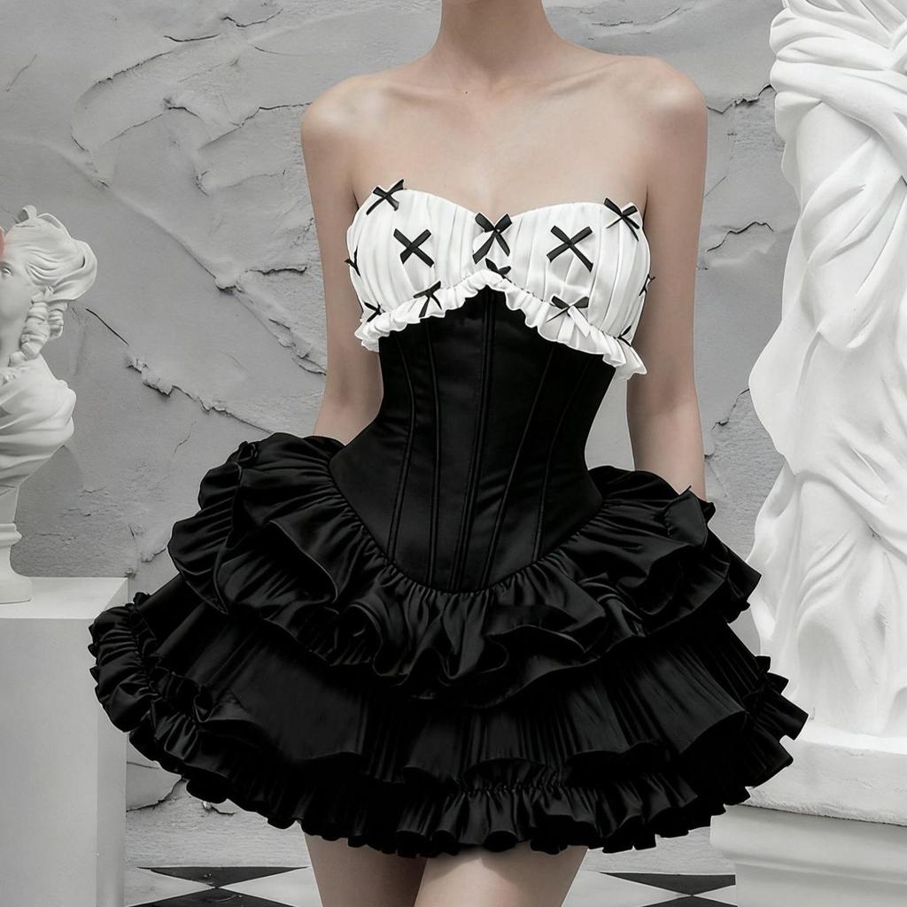 French Strapless Bow Fishtail Waist-Cinching Short Puffy Skirt Party Dress