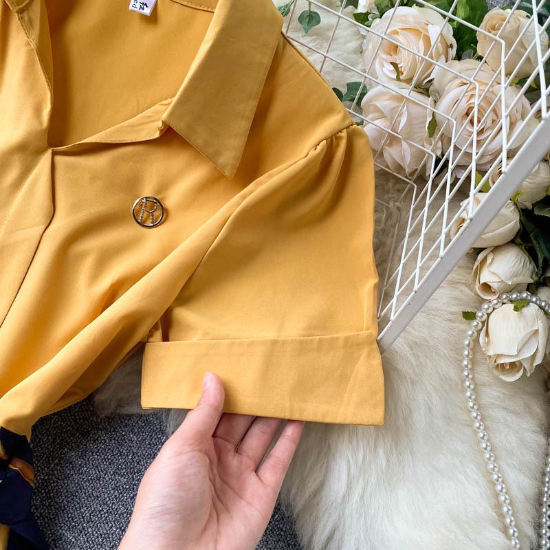 Letnia sukienka biurowa damska w jednolitym kolorze z kołnierzykiem i krótkim rękawem, damska, z paskiem w kształcie wstążki, nieregularna