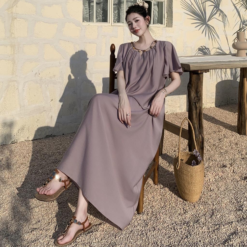 DIMANAF 2025 Summer Plus Size Dress Women Vintage Dress Basic Long Elegant Loose Casual Pleated Dress
