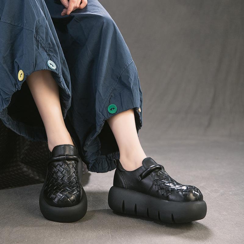 Spring Handwoven Comfortable Retro Loafers Two-Tone Full Cowhide Commuter Women Shoes
