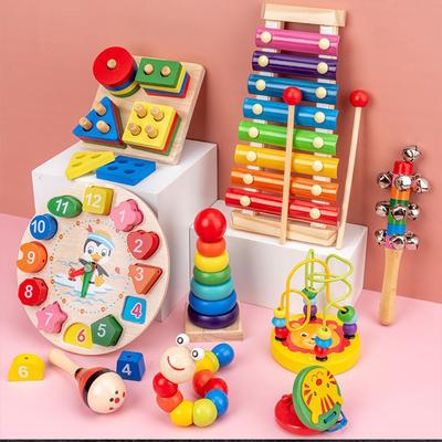 Montessori Zabawki dla Niemowląt 9 w 1 Drewniany Zestaw Muzyczny: Ksylofon Grzechotka Bęben Dzwonek Puzzle 3D Prezenty do nauki sensorycznej dla 0-12 miesięcy 1-3