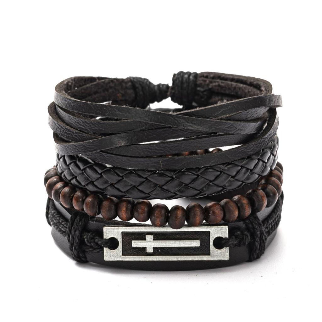 4Pcs/ Set Braided Wrap Leather Bracelets for Men Vintage Life Tree Rudder Charm Wood Beads Ethnic Tribal Wristbands
