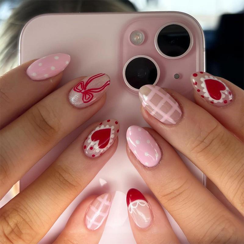 24PCS Simple Red White Polka Dots French Stick On False Nails Sweet Lace Almond Fake Nails for Girls Women Fashionable Manicure