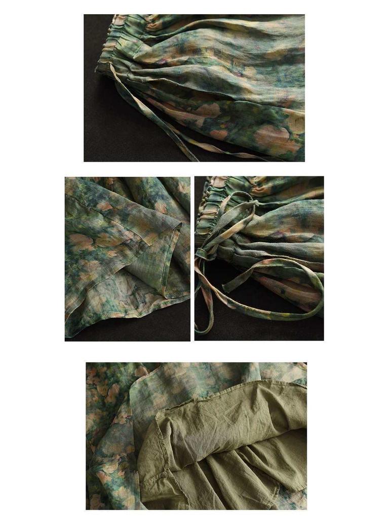 Summer 2023 Women's Vintage Floral Midi Skirt - Heavy Duty Cotton Linen, Flowy Design