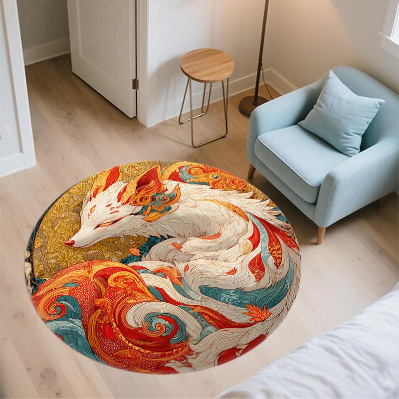 Nine-Tailed Fox pattern round rug,Carpet Rug for Living Room Bedroom Playroom ,Non-slip Floor Mat,Holiday Gifts and Birthday Gifts.