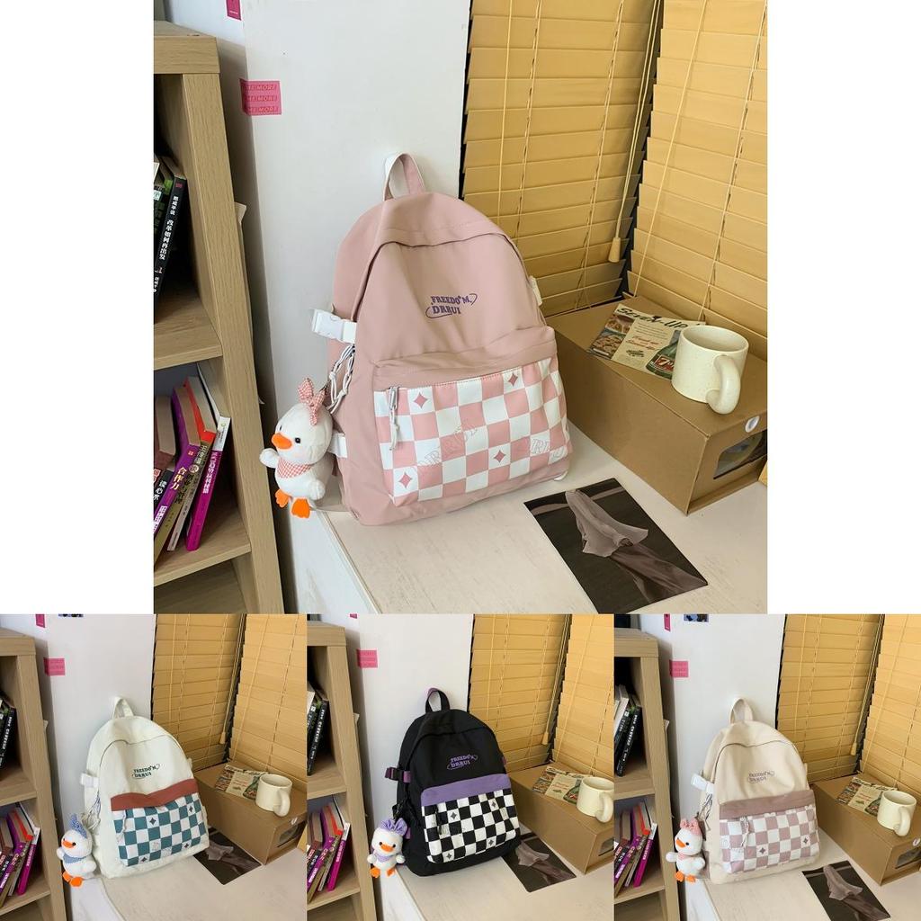 Simplified Checkered Letter Pattern Student Backpack With Plush Pendant For Middle School Students