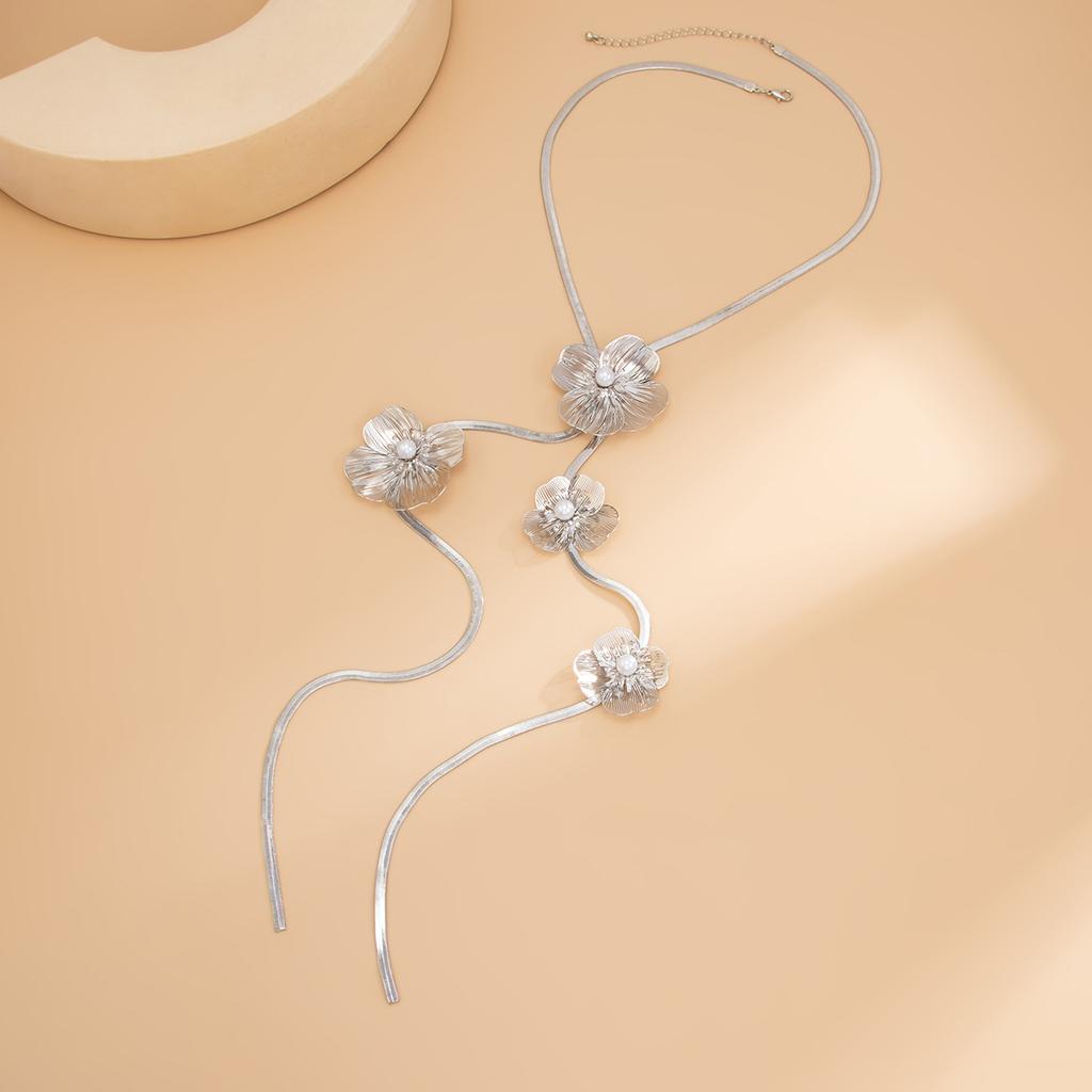 1 Pair Elegant French-Inspired Geometric  Tassel Necklace - Golden-Tone Metal Long Layered Chain for Women