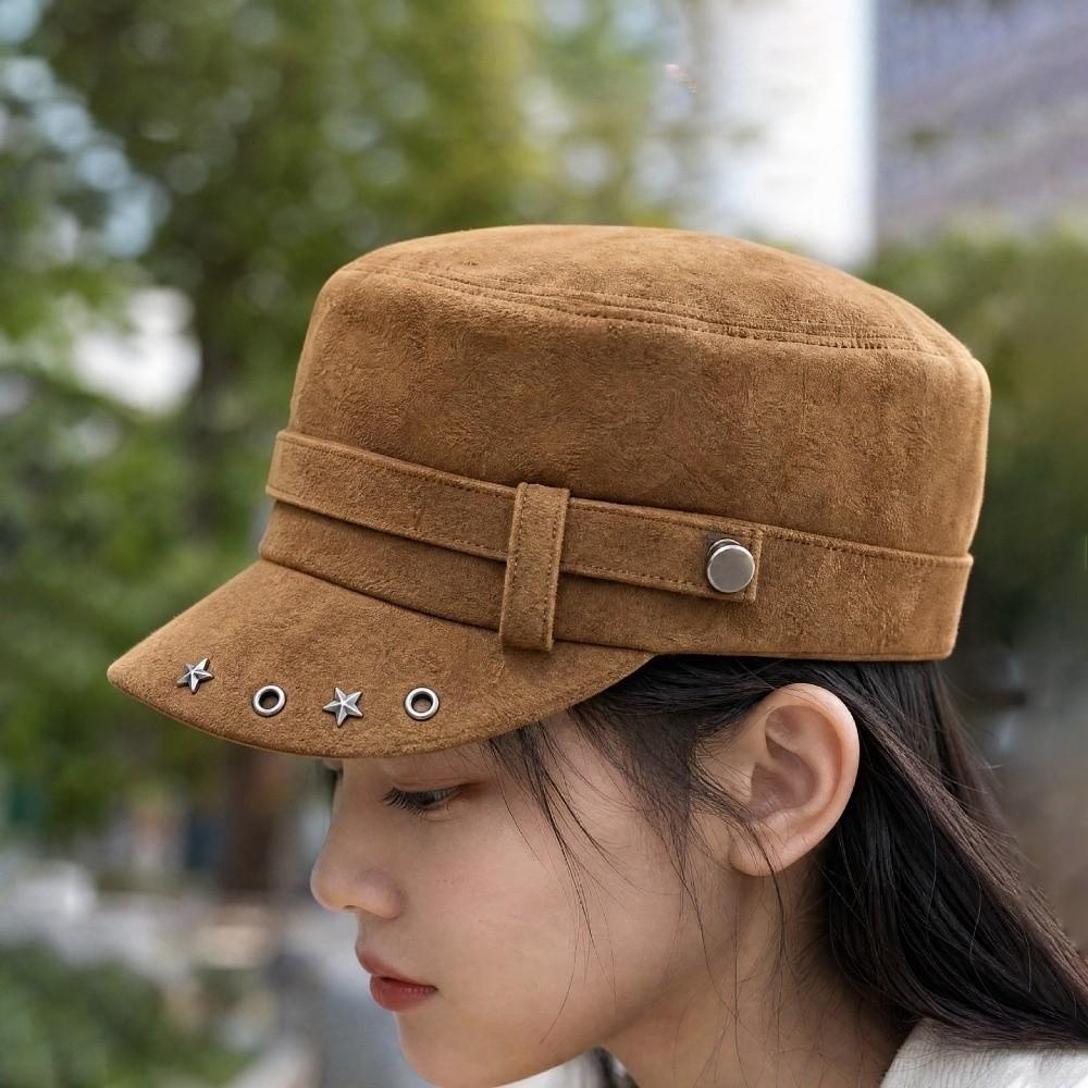 Vintage Newsboy Peaked Cap Solid Color Metal Rivet Hat Gift Flat Top Hat  Daily