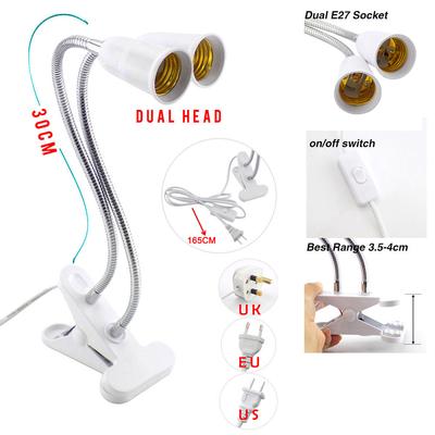 Double Head Led Lamp Holder E27 Socket EU/US/UK Plug Flexible Clip On Off Switch Lamp Desk Light LED Plant Grow Bulb