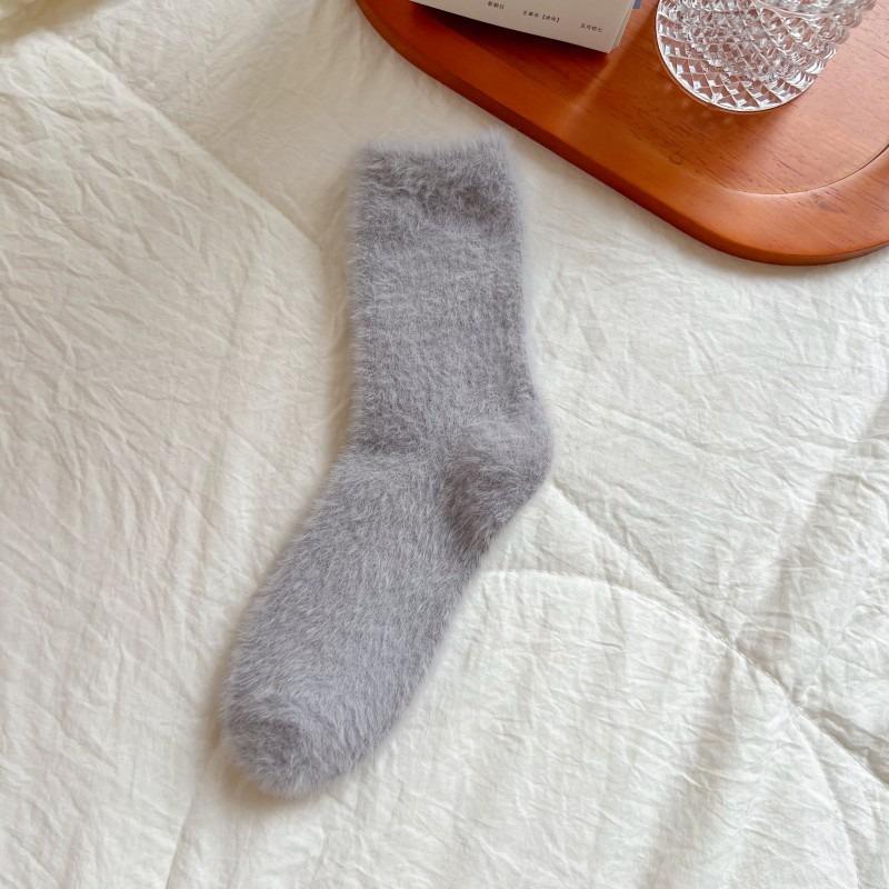 Women Coral Velvet Floor Socks Fluffy Pure Color Medium Tube Elastic Sleep Plush Sock