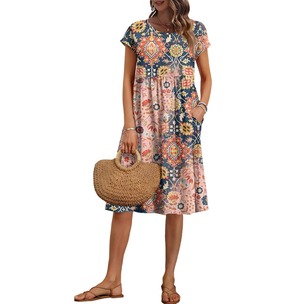 Women's Summer Fashion Casual Round Neck Short Sleeve Vintage Print Dress