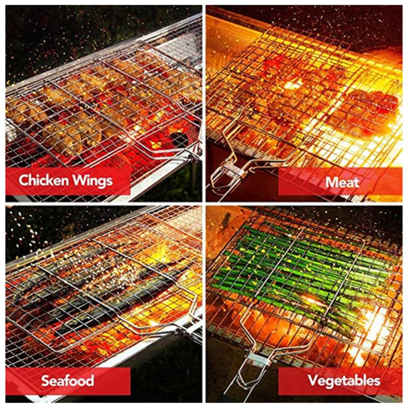 Grilling Basket Folding Portable Outdoor Camping Stainless Steel BBQ Rack with Removable Handle Barbecue Griller Cooking Tool