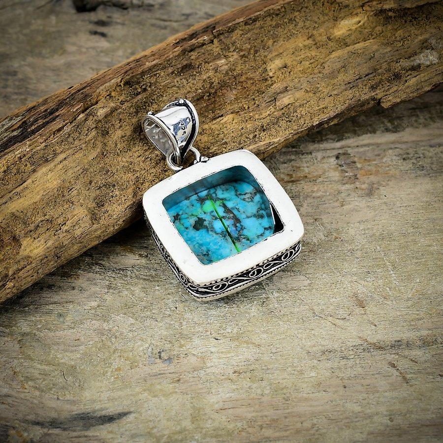 Tibetan Turquoise Gemstone 925 Sterling Silver Jewelry Pendant 1.69" M-29