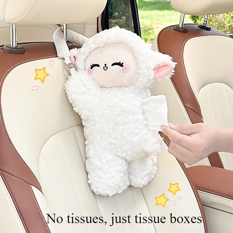 Cartoon Lamb Car Tissue Box Cute Plush Doll Car Hanging Paper Box Creative Car Tissue Set Universal