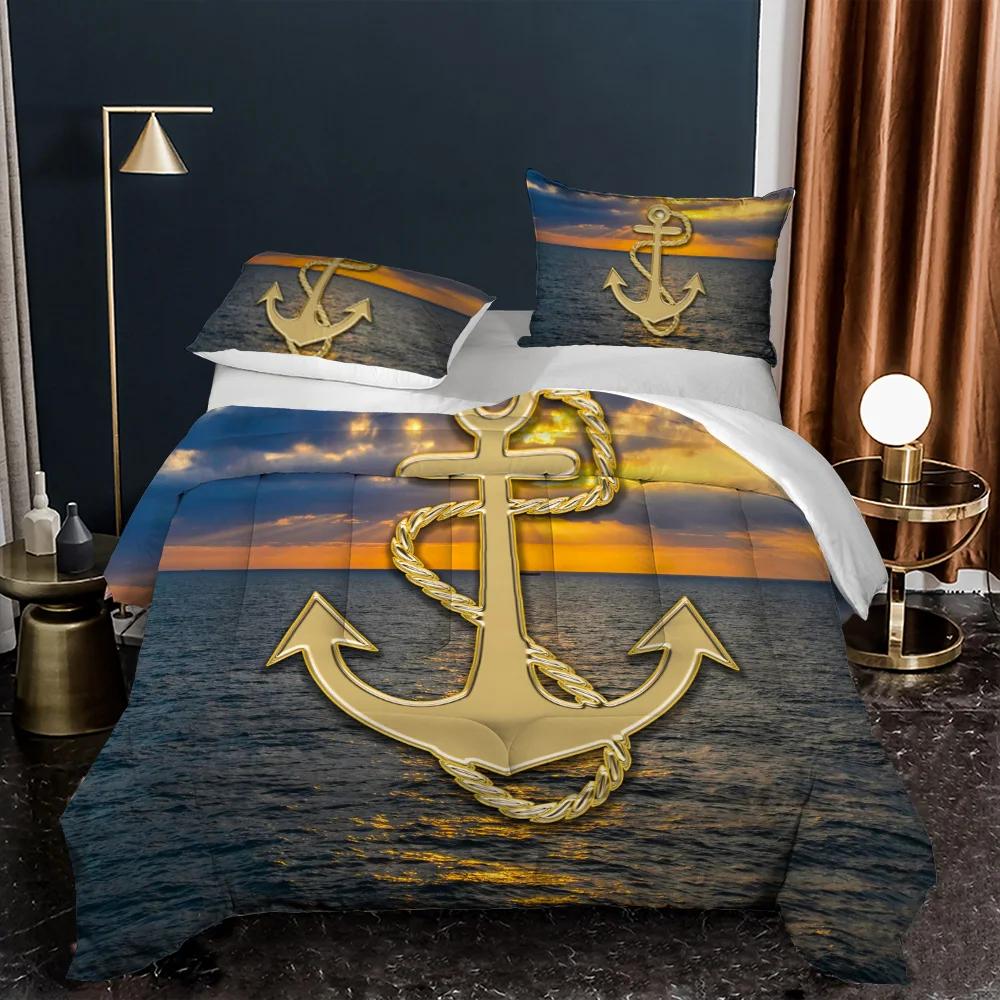Comforter Anchor Nautical Steamboat Bedding Set Ocean Coastal Theme Blue And White Strip For Kids Adults King Size