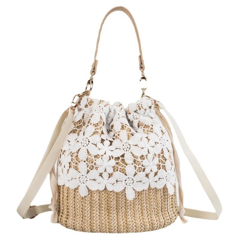 Casual Lace Straw Shoulder Bag Bohemian Hollow Weave Tote Bag Large Capacity Flower Beach Handbag Picnic