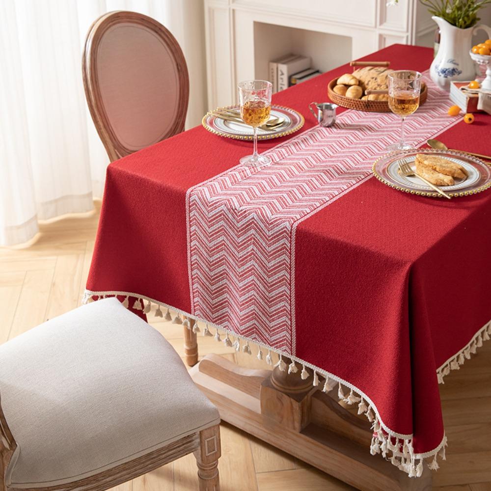Retro Red Jacquard Tablecloth with Fringe Ideal for Wedding Christmas New Year Festive Dining Table Cover