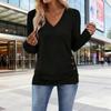 Long Sleeve V Neck Blouse Side Buttons Pullover Casual Top Solid Color Womens Spring Autumn Tops