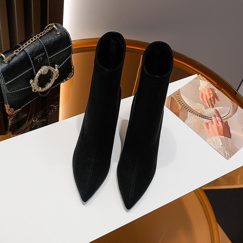 

Black short boots women s new autumn and winter 2025 suede thick heel elastic boots sexy nude thin boots pointed socks boots 34