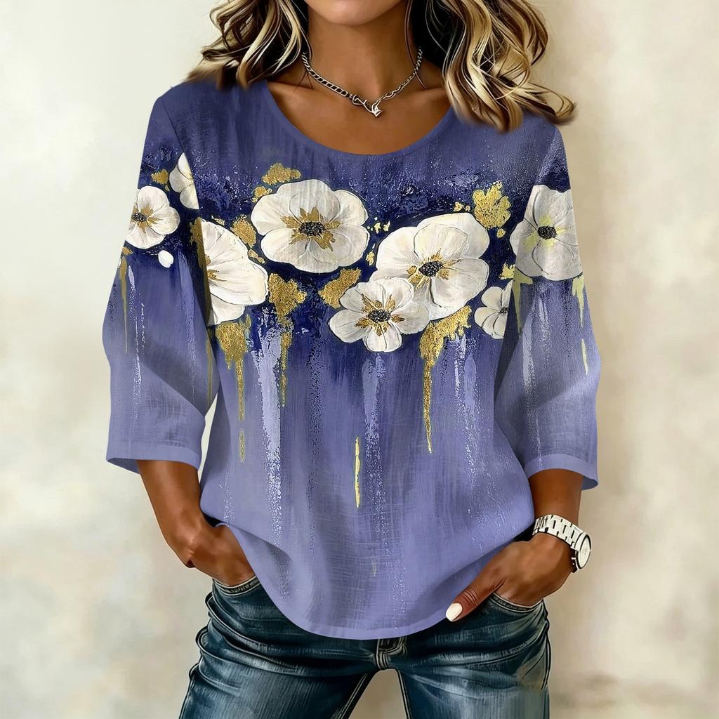 Damen Freizeitbluse mit Blumenprint, Rundhalsausschnitt, Dreiviertelärmel, Leinen-Baumwollmischung, Lockerer Schnitt, Leichtes Oberteil für den Alltag