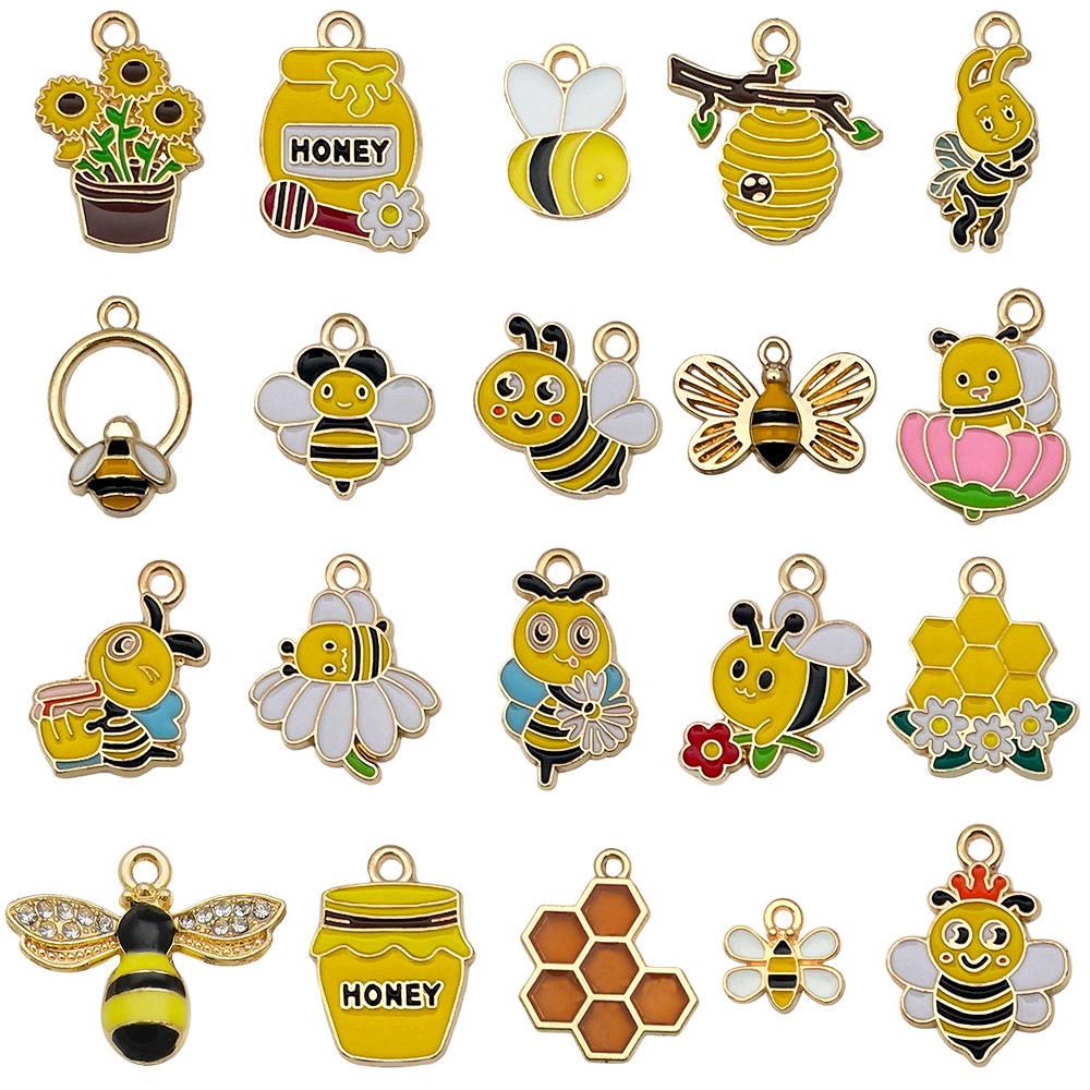 Set of 20 Yellow Enamel Bee and Beehive Pendants for DIY Bracelets and Necklaces