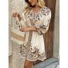 Women's V Neck Three Quarter Sleeve Mini Dress Slim Fit Mid Waist Vintage Paisley Print Chiffon Sundress