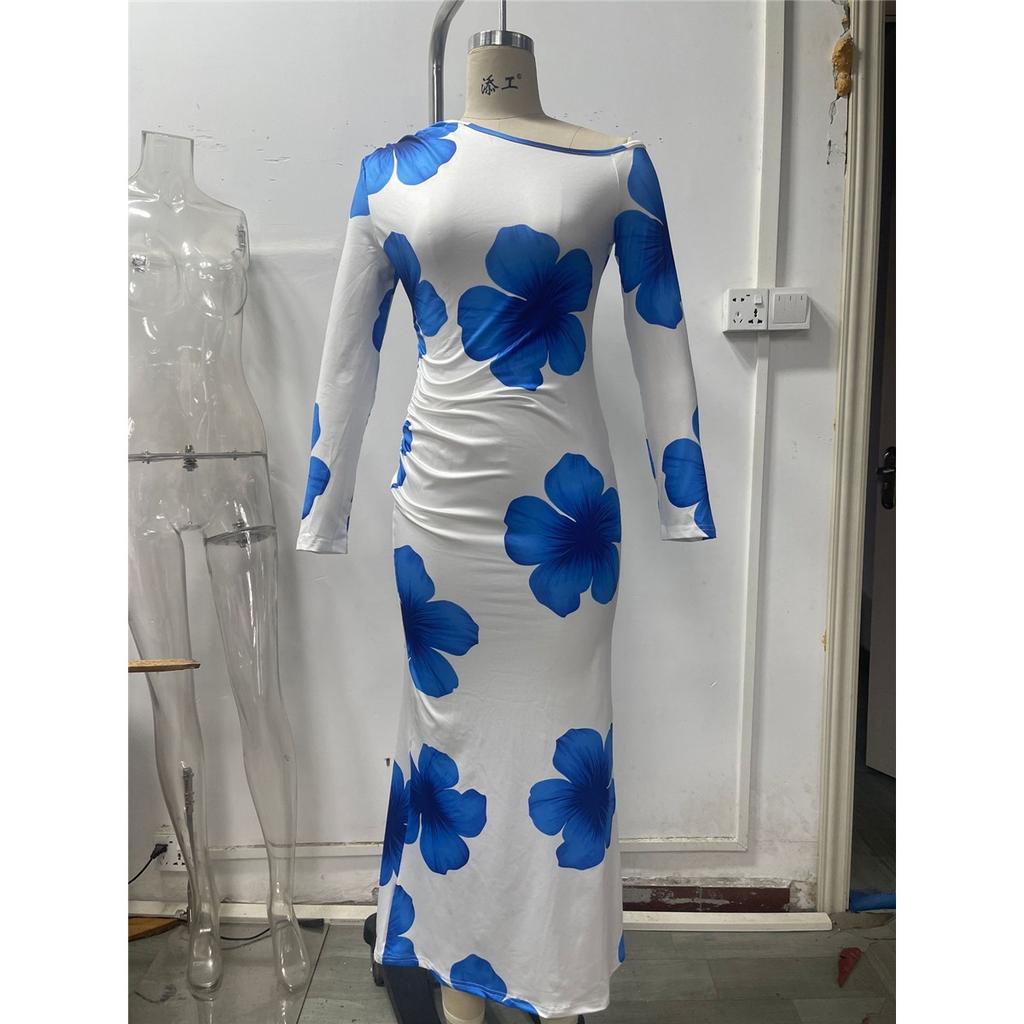 Dámské sexy šaty bez ramínek s dlouhým rukávem, slim střihu, s potiskem