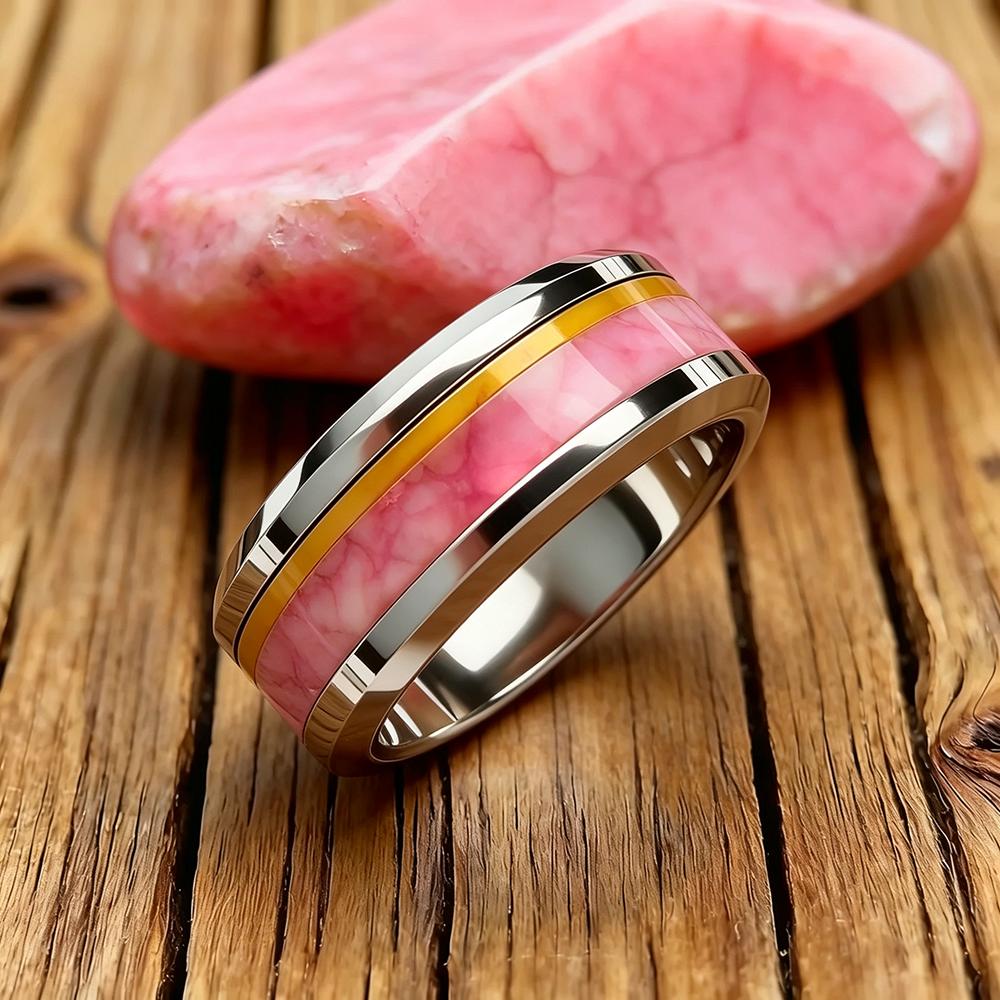 Fashion 8Mm Men Stainless Steel Rings with Pink Marble Stone Inlay Rings for Men Women Wedding Band Jewelry Gift Drop Shipping