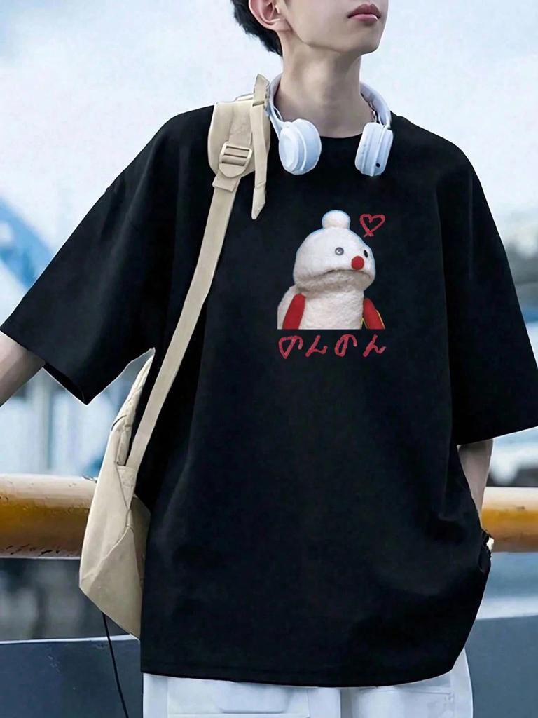 Mens Shortsleeve Tshirt With Colored Letter Character Graphic Print Fabric Crew Neck Black Cute Street Casual Style