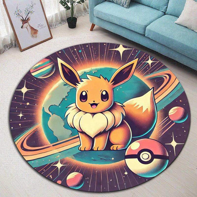 Cute Eevee Round Carpet Pokemon Cartoon Anti-Slip Floor Mat Living Room Home Decor 80x80cm