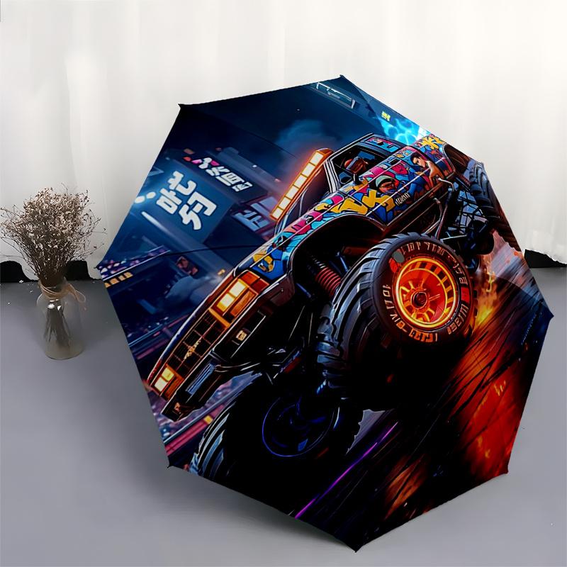 Monster Truck Themen-Reiseregenschirm mit 8 Speichen, Automatisches Öffnen und Schließen, Tragbares faltbares Design, Kompakter und stilvoller Schirm geeignet für