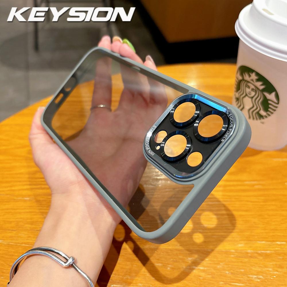 

KEYSION Transparent Acrylic Case for iPhone 14 15 Pro Max Soft Frame Metal Lens Protective Shockproof Cover for iPhone 14 15 Plus for iPhone 14 Pro Max