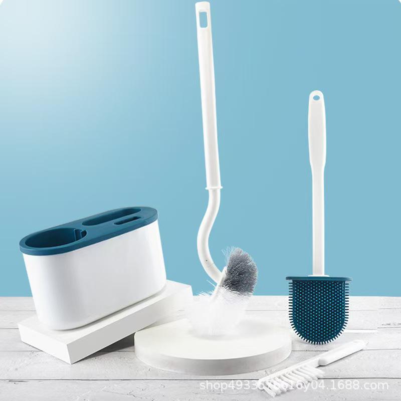 Silicone Japanese Wall-Mounted Elbow Toilet Brush with Base and Hard Bristles