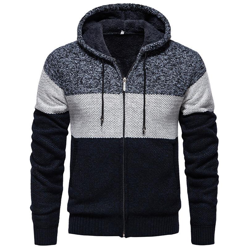2025 Autumn Winter New Men's Color-blocking Sweater Plus Velvet Casual Knitted Fashion Hooded Jacket