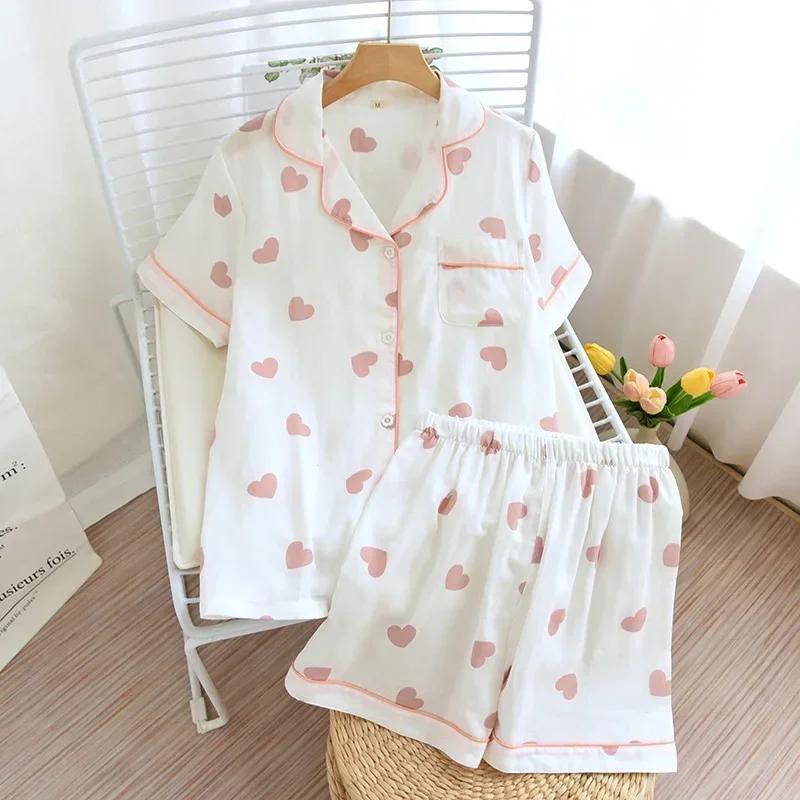 New 100% Cotton Short-sleeved Shorts Ladies Pajamas Set Cute Cartoon Pajamas Japanese Simple Short Pajamas Women Sleepwear