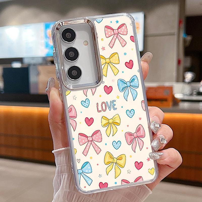 Cute Cartoon Bowknots Print Case For Samsung S26 S25 Ultra S24 FE S23 Plus S22 S21 A15 A16 A17 A35 A36 A37 A54 A55 A56 A57 5G Plating Lens Soft Cover