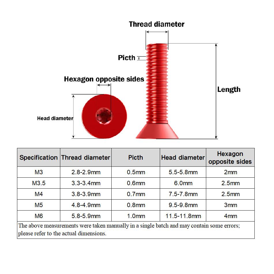 5pcs Aluminum Allen Screws M3 M4 M5 M6 Length 18/20/25/30/40mm Flat Hex Socket Countersunk Head Screws Bolts Anodized Color