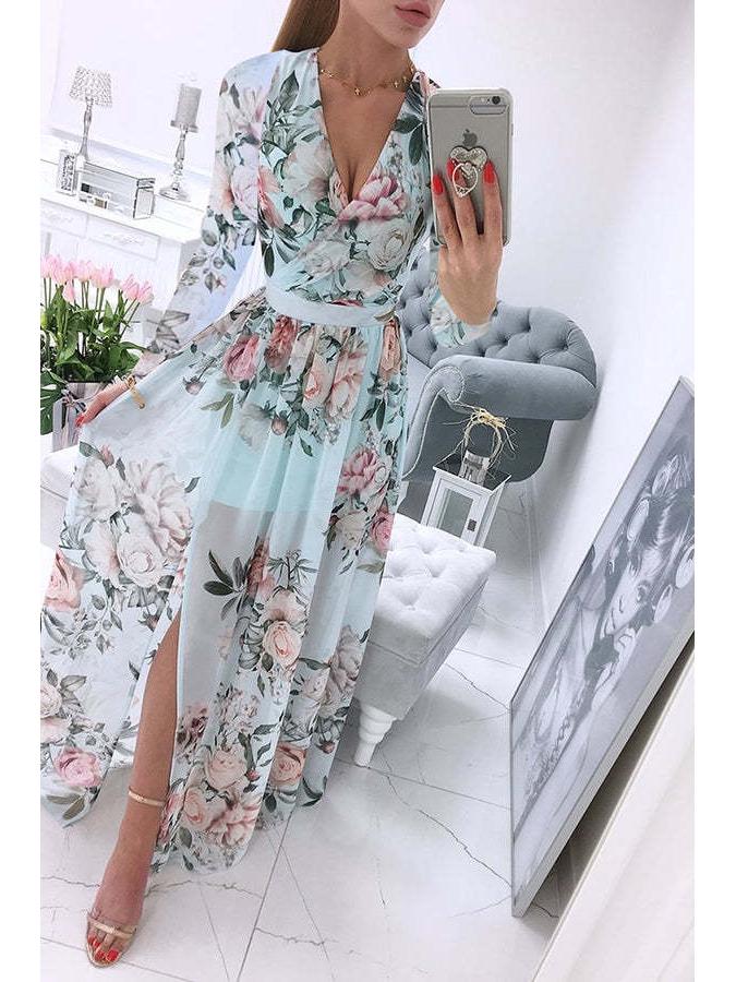 2024 Boho V-Ausschnitt Chiffon Druck Langarmkleid für Damen